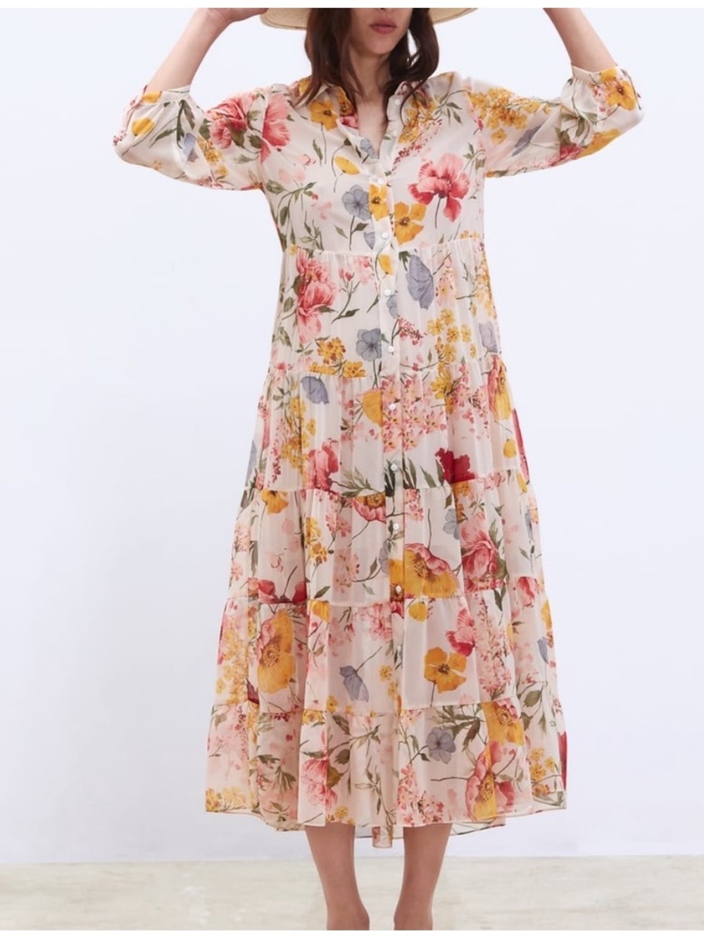 Zara Cream Floral Tiered Midi Dress with Pink & Yellow Blooms